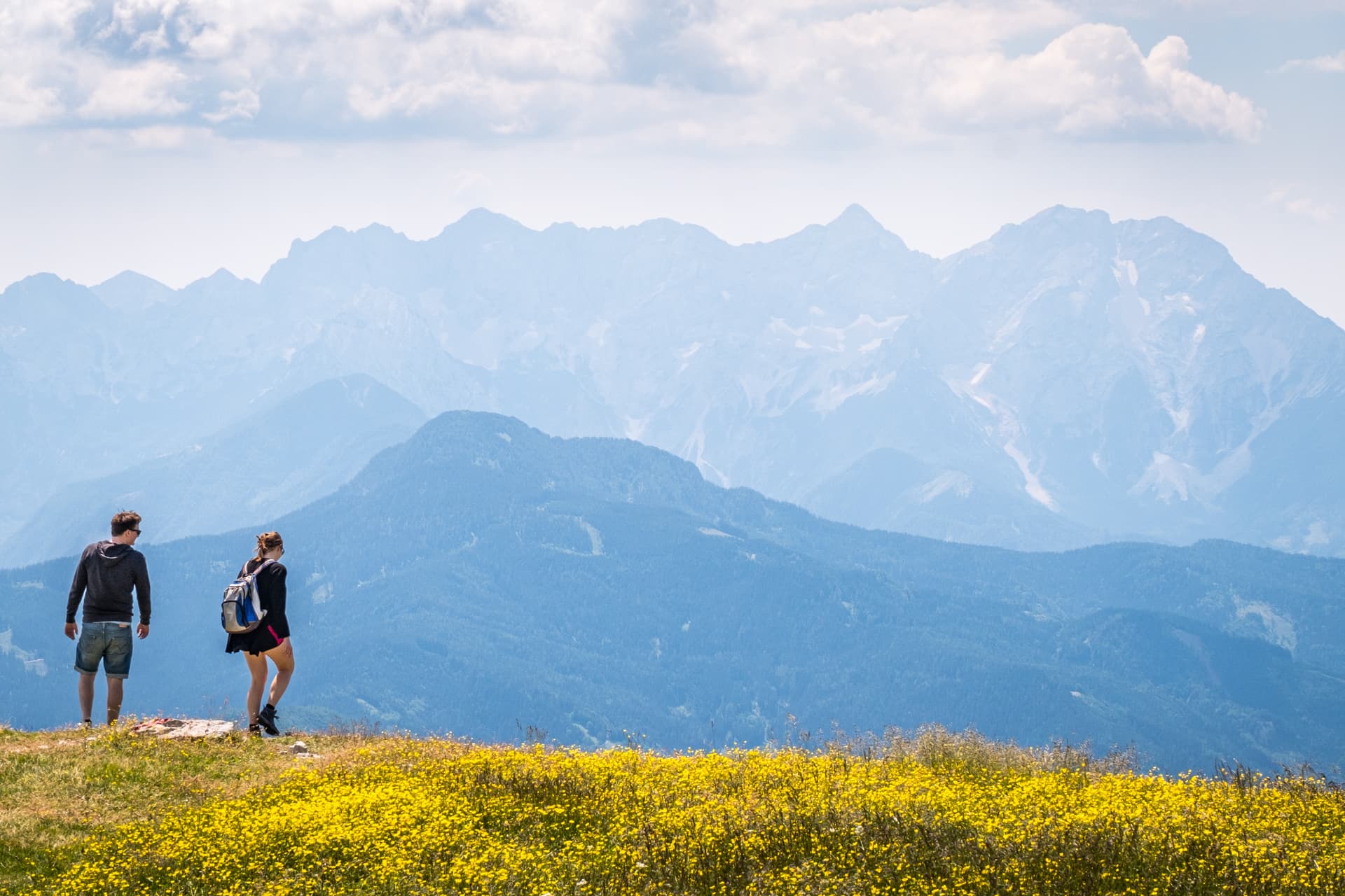 Hikers overlooking layered blue mountains from a meadow of yellow wildflowers in Slovenia.